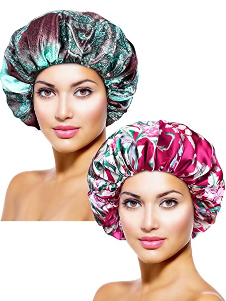 2 Pieces Extra Large Satin Sleep Bonnet Drawstring Sleep Cap Adjustable Night Sleeping Hat Hair Turban (Flower Patterns)
