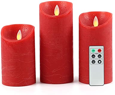 Fanna Red Flickering Flameless Candles with Moving Flame, Battery Operated LED Candles with Timer and Remote, Textured Wax Finish, Batteries Included - H5"/6"/7" Set of 3