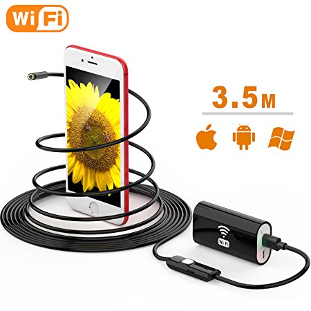 Wireless Endoscope, TUSAZU 2 Megapixels HD WiFi Inspection Camera IP67 Waterproof Inspection Camera, Semi-rigid Flexible Snake Camera for Android, IOS Smartphone, iPhone, Samsung, Tablet, -（11.5FT）