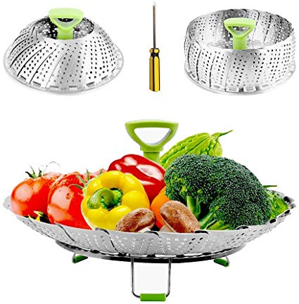 Steamers for Cooking Stainless Steel Vegetable Steamer Basket, Folding Steamer Insert Fits Various Size Pot and InstaPot Pressure Cooker, with Anti-hot Extendable Handle and Non-Slip Legs (7"-11")