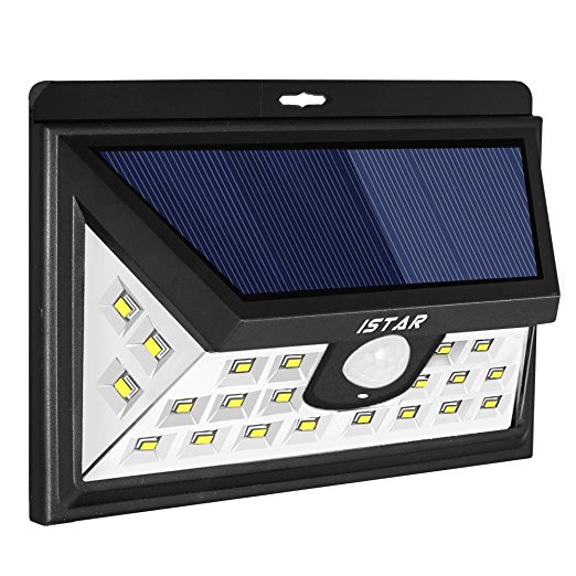 Newest Istar 24 LED Solar Powered Light Outdoor,3 LEDs Both Side 3 Modes Motion Sensor Security Lights Wireless Waterproof,Outside Wall w/ Wide Angle Sensor 160° and 24% Solar effeciency