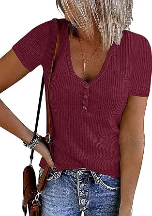 MEROKEETY Women's Short Sleeve V Neck Ribbed Knit Button T Shirts Henley Solid Color Summer Tops