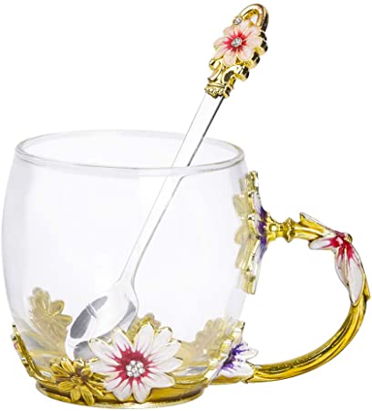 320ML - Flower Crystal Glass Mug Cup Creative Handmade Tea Cups - Perfect Gift for Wife, Mum, Girl, Teacher on Birthday, Valentine's Day, Mother's Day, Wedding Anniversary