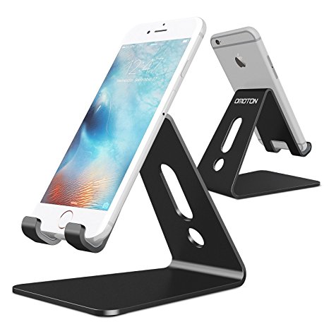 [Updated Solid Version] OMOTON Desktop Cell Phone Stand Tablet Stand, Advanced 4mm Thickness Aluminum Stand Holder for Mobile Phone (All Size) and Tablet (Up to 10.1 inch), Black