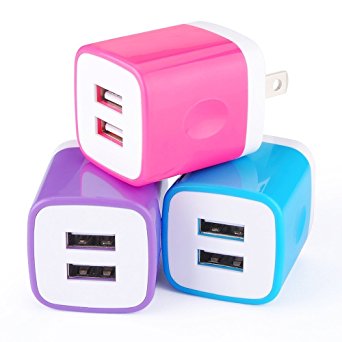 Wall Charger Plug, VPR 3 PCS Dual Color Universal USB Travel Home 1.0 AMP Power Adapter for iPhone 7/7 plus 6/6 plus 5S 5 4S Samsung S5 S4 S3, Note 5, HTC, LG and More Device (Rose Purple Blue)