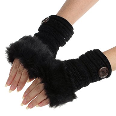 Tenworld Women Girl Winter Warm Faux Rabbit Fur Wrist Fingerless Gloves Mittens
