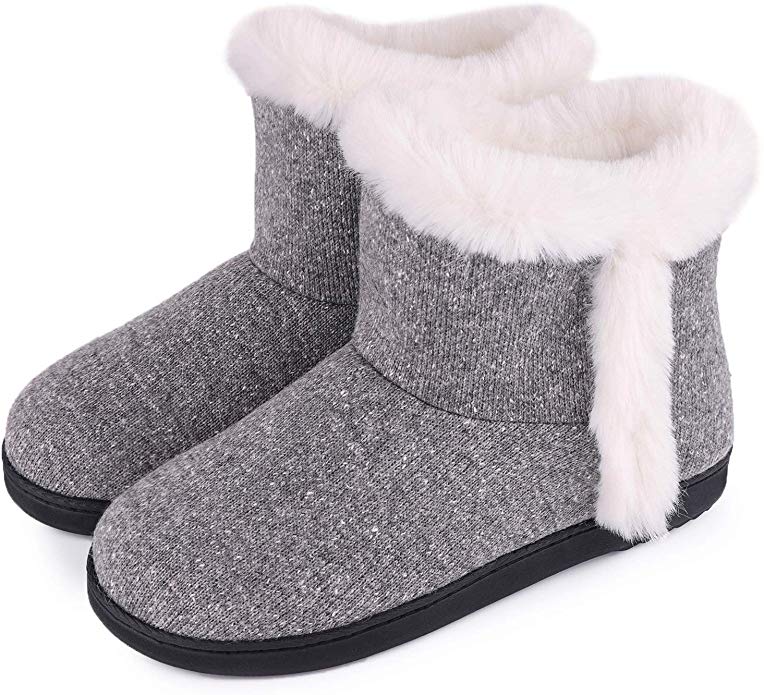 VeraCosy Women's Cotton Knit Memory Foam Ankle Booties Slippers Fashion Anti-Skid House Shoes with Comfy Plush Lining