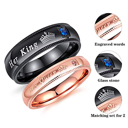 Fate Love Jewelry 2Pcs Matching Set Stainless Her Queen & His King Black/Rose Gold Couple Rings Bands, Love Gift