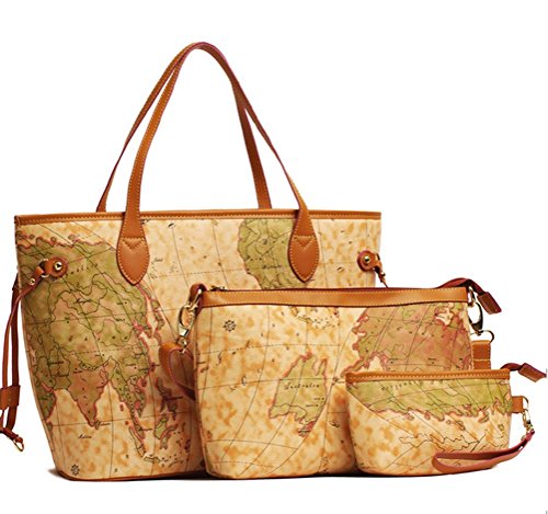 Buenocn Vintage Style World Map Faux Leather Handbag Shoulder Bag 3 Pces Shy237