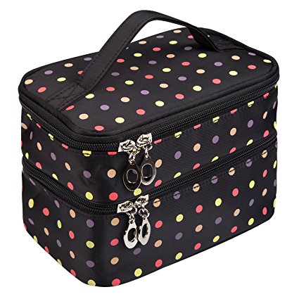 Double Layer Traveling Makeup Bag Small Dots Pattern Cosmetic Bag with Mirror-Small size(Black)