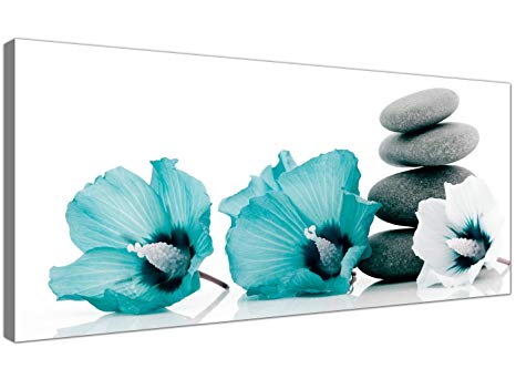 Wallfillers Large Canvas Pictures of Teal Flowers and Grey Pebbles - Turquoise Floral Wall Art - 1072
