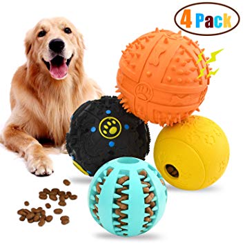 WainbowA 4pack Dog Treat Balls, Interactive Food Treat Dispensing Dog Toys for Large Medium Dogs, Dog Puzzles Toys, Natural Rubber Squeaky Toys, Dog Chew Teeth Cleaning Toys