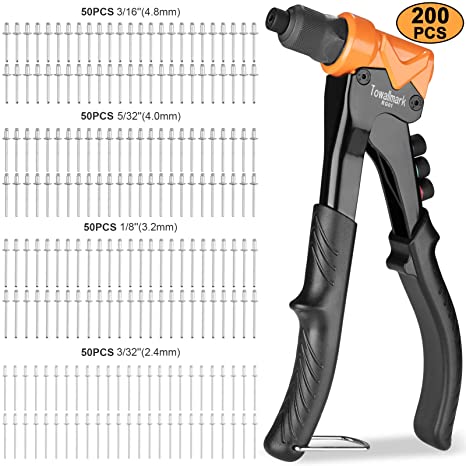 Towallmark Rivet Gun, Pop Rivet Gun with 200pcs Rivets, 4-in-1 Heavy Duty Rivet Tool Kit/Rivet Gun Kit, 3/32 inch, 1/8 inch, 5/32 inch, 3/16 inch 4 Replaceable Nozzle for Metal, Plastic, Leather