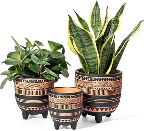 Terracotta Planter Pots for Plants - 6/ 5/ 4 Inch, Succulent Plant Pot Modern Indoor Planter with Drainage Hole & 3 Legs (POTEY 500203, Set of 3)