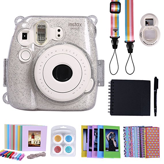 HDE Fujifilm Instax Mini 9 or 8/8  Camera Case Accessories Box Kit Includes Hard Shell Mini 9 Case   Strap/Fuji Album/Selfie Lens/Hanging   Creative Frames/Border Stickers/Pen & More (Glitter)