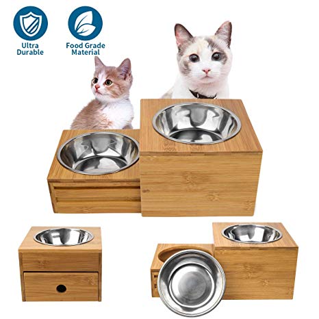 Artmeer Raised Dog Bowls Stand Feeder Adjustable Dog Feeding Bowl Station Bamboo Elevated Feeder 2 Bowls Stand Stainless Steel Bowls for Small Size Dogs,Kitten and Pupply(New Drawer of Bowls Stand)