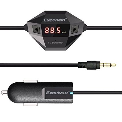 Excelvan In Car Universal FM Transmitter with USB Car Charger for Smartphone MP3 MP4 and any Audio Player with 35mm Audio Jack including iPhone 6S Samsung Galaxy S6 Edge HTC One M9 and More