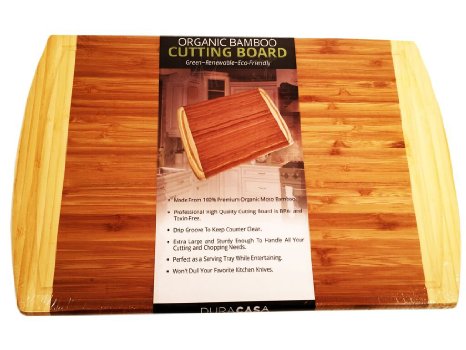 Duracasa Bamboo Cutting Board-Large 18" X 12" Serving Platter-Beautiful Two-Tone Color With Drip Groove-Organic, ECO Friendly and Antimicrobial-Butcher Block Cutting Board-Thick and Strong-BPA and Toxin-Free