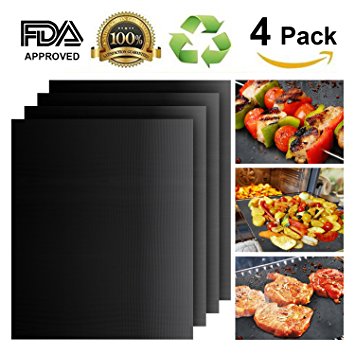 Grill Mat Set of 4, Heavy Duty 100% Non-stick BBQ Grill Mat, Durability reused and easy to clean, FDA-Approved, Healthy Barbecue with Works on Gas,Charcoal,Electric Grill and More Oven -16 x 13 Inch