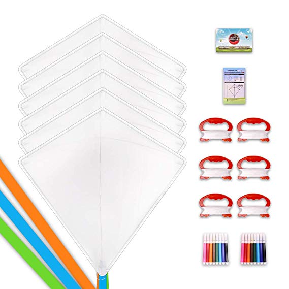 Mint's Colorful Life DIY Kites for Kids Kite Making Kit Bulk, Decorating Coloring Kite Party Pack,White Diamond Kite Kits (6 Pack)