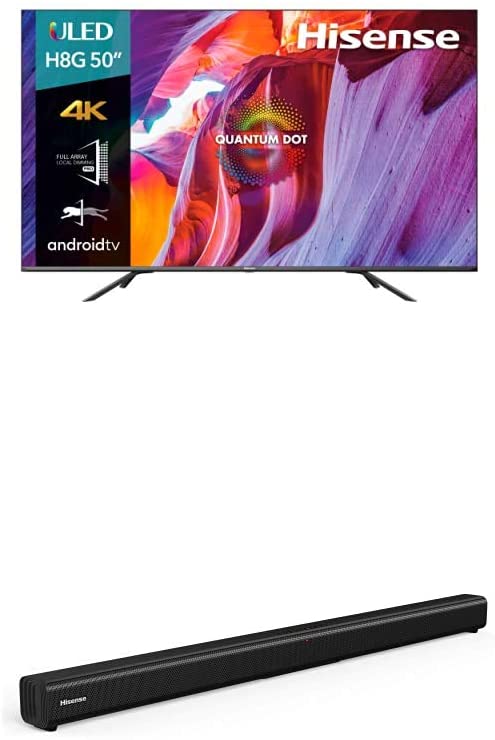 Hisense 50-Inch Class H8 Quantum Series Android 4K ULED Smart TV with Voice Remote (50H8G, 2020 Model)   Hisense 2.0 Channel Sound Bar Home Theater System with Bluetooth (Model HS205)