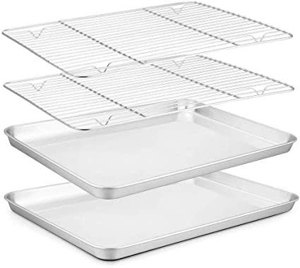 Freehawk Stainless Steel Baking Sheets with Rack Cookie Sheets and Nonstick Cooling Rack & Baking Pans [2 Pans   2 Racks] for Oven & Toaster Oven Tray Pans, Rectangle Size 16L x 12W x 1H inch