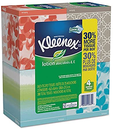 Kleenex 25834 Lotion Facial Tissue, 2-Ply, 75 Sheets/Box, 4 Box/Pack