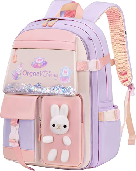 Gazigo Girls Backpack Elementary School, Bunny Backpack for girls Cute Kids Laptop Bag Kindergarten Preschool Bookbag Mochila Para 5.6.7.8.9.10 Niñas(Only Backpack Purple)