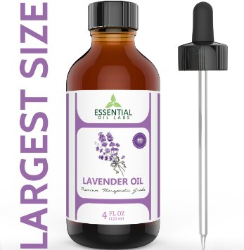 Lavender Oil - Highest Quality Therapeutic Grade Backed by Medical Research - Largest 4 Oz Bottle with Premium Glass Dropper - 100 Pure and Natural - Guaranteed Results - Essential Labs