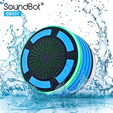 SoundBot IPX7 Waterproof 5W Bluetooth Wireless Shower Speaker with 8Hrs Playback, Built-In FM Radio Tuner, LED, Premium HD Sound, Water Weather Resistant Portable Speakerphone, SB531 (BLUE)