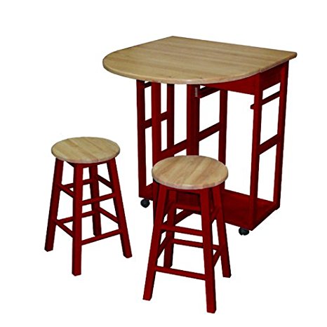 Casual Home Drop Leaf Breakfast Cart with 2 Stools, Natural and Red