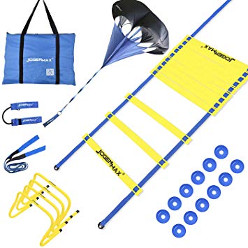 JOGENMAX Speed & Agility Training Set - Includes Resistance Parachute, Agility Ladder, 4 Adjustable Hurdles, 12 Disc Cones, Leg Resistance Tube and Stretching Strap Training Equipment for All Sports