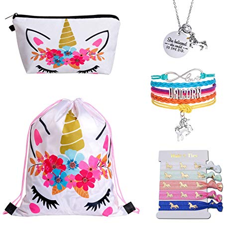4MEMORYS Unicorn Gifts for Girls Including Unicorn Drawstring Backpack/Makeup Bag/Inspirational Necklace/Bracelet and Hair Ties