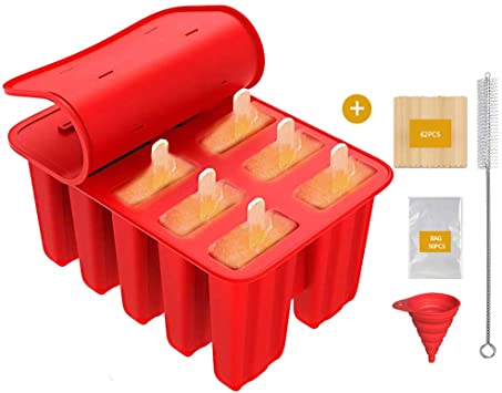 Frozen Popsicle Mold - 10 Cavities Food Grade Silicone Popsicle Molds   62 Popsicle Sticks   50 Popsicle Bags   Silicone Funnel   Cleaning Brush - BPA Free (Red)