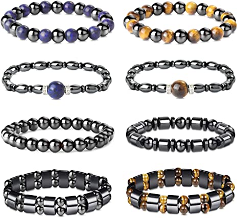 YADOCA 8 Pcs Hematite Bracelets Set for Men Women Magnetic Bead Bracelets Tigers Eye Bracelet Lapis Lazuli Elastic Bracelet