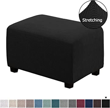 H.VERSAILTEX Ottoman Slipcovers Sofa Slipcovers Furniture Protector Covers Form Fit Stretch Storage Ottoman Covers Foot Rest Spandex Jacquard Checked Pattern Fabric(Ottoman Large Size, Black)