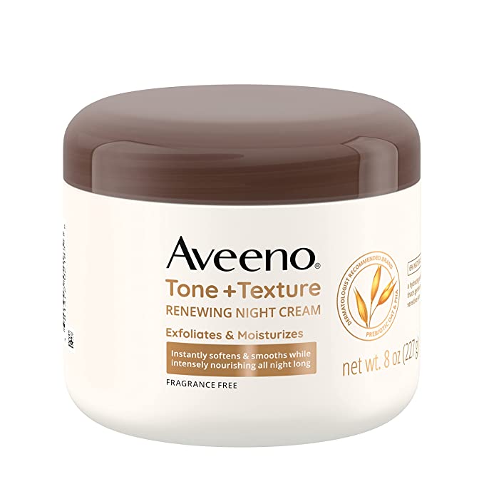 Aveeno Tone   Texture Renewing Night Cream With Prebiotic Oat, Gentle Cream Exfoliates & Moisturizes Sensitive Skin, Instantly Softens & Smooths & Intensely Nourishes, Fragrance-Free, 8 Oz.