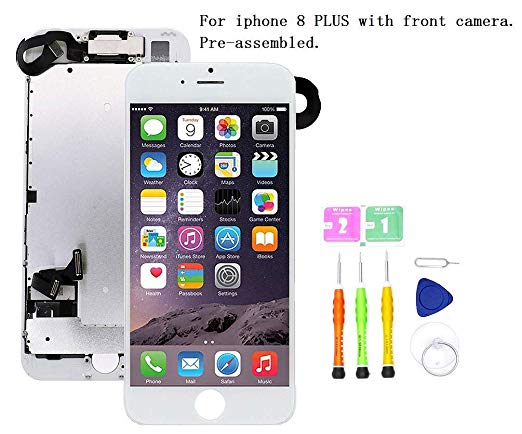 Screen Replacement Compatible with iPhone 8 Plus Full Assembly - LCD 3D Touch Display Digitizer with Front Camera, Ear Speaker and Sensors, Fit Compatible with All iPhone 8 Plus White