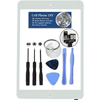 White iPad Mini/Mini 2 Digitizer Replacement Screen Front Touch Glass Assembly Replacement - Includes Home Button   Camera Holder   Pre-Installed Adhesive with Tools – Repair Kit by Cell Phone DIY