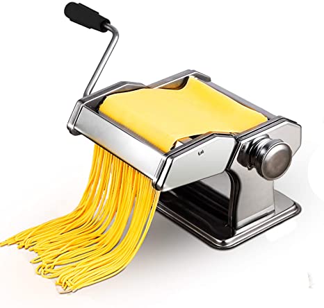 Stainless Steel Manual Pasta Maker | Pasta Machine With Adjustable Thickness Settings | Perfect for Professional Homemade Spaghetti and Fettuccini | Includes Removable Handle and Clamp