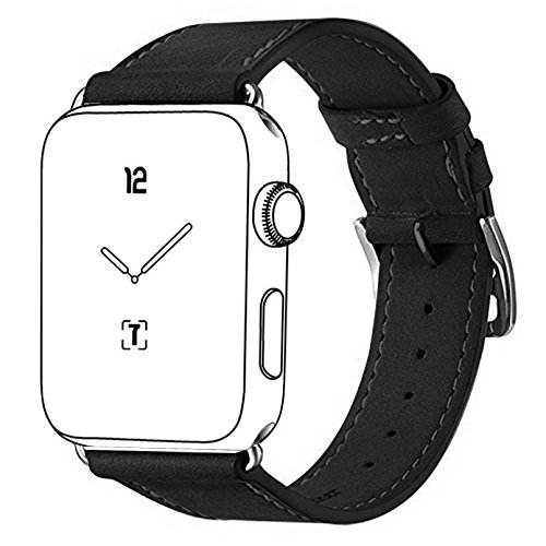 Apple Watch Leather Band, Marge Plus Genuine Leather Band Single Tour Replacement Smart Watch iWatch Strap Bracelet with Adapter Clasp for Apple Watch Series 1 Series 2 -42mm Black