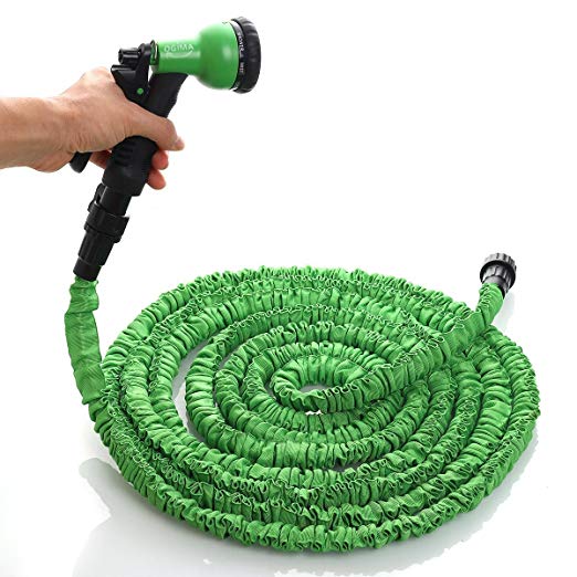 OGIMA Deluxe Latex Flexible Expandable Magic Garden Water Hose With 8 Functions Spray Nozzle and Shut-off Valve-Green (50FT)