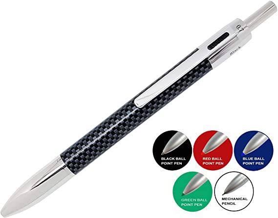 KenTaur Multi Color Pen (Carbon Fiber) 5 In 1 Multifunction Pen with Black, Blue, Red, Green Ballpoint Pen and 0.7mm Mechanical Pencil - Uses D1 Refills