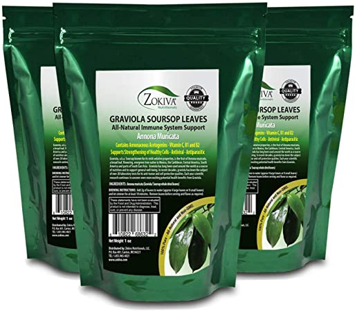 Zokiva Nutritionals - Soursop Leaves Hojas De Guanabana 1 oz x 3 Pack of Graviola Leaves for Tea - A Natural Caffeine - Free Bioavailable Superfood Rich in Powerful Antioxidants - in Zip Pouch