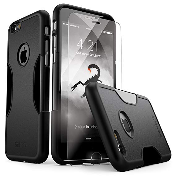 iPhone 6 Plus Case, Black - *Bonus Glass* Rugged Protection, Thin and Lightweight, Includes Tempered Glass Screen Protector, Professional Camera Hood, Stunning Colors Including Sahara Scorpion Black Sahara Case