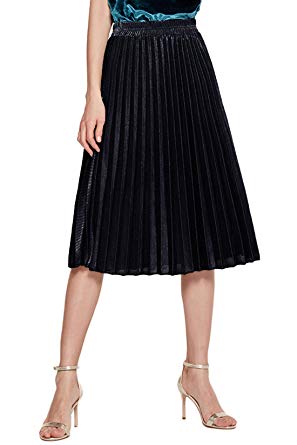 Chartou Women's Premium Metallic Shiny Shimmer Accordion Pleated Long Maxi Skirt