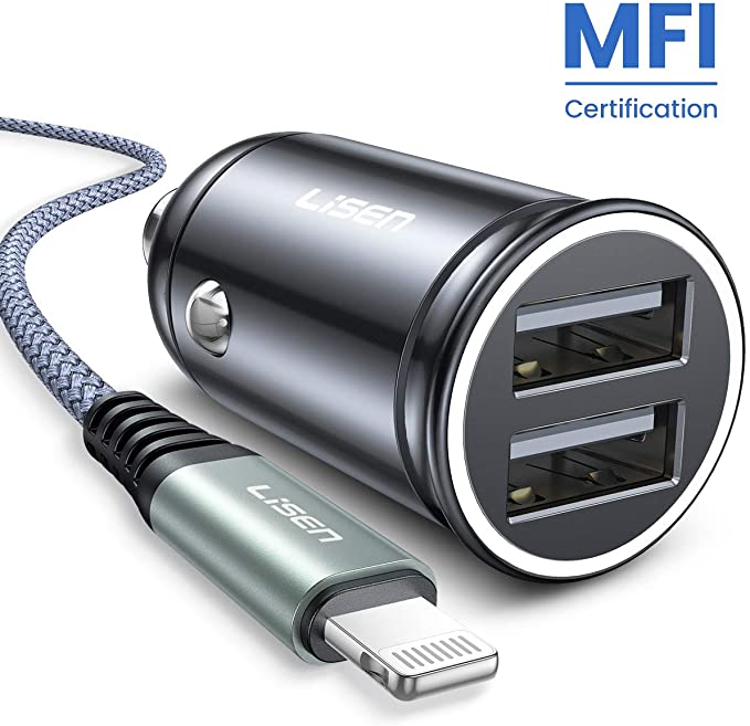 iPhone Car Charger, LISEN All Metal Cigarette Lighter Car Charger Adapter with 3ft [MFi Certified] [iPhone Charger Cable], 4.8A/24W 12V USB Car Charger for iPhone 11/X/XS/XR/8/7/Plus,etc.