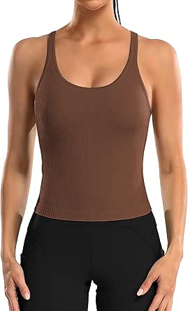 ATTRACO Women Ribbed Workout Crop Tops with Built in Bra Yoga Racerback Tank Top Tight Fit