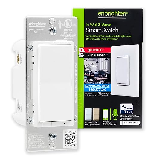 Enbrighten 700 Series Z-Wave Plus Smart Switch with QuickFit and SimpleWire, In-Wall Commercial Grade 120/277 VAC, Z-Wave Hub Required, Works with Ring, SmartThings, Alexa, 59337