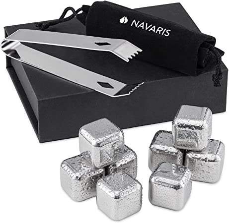 Navaris Stainless Steel Whisky Stones - Cooling Steel Rocks for Irish Whiskey, Scotch Whisky, Bourbon, Single Malts - Cool Cubes and Velvet Pouch